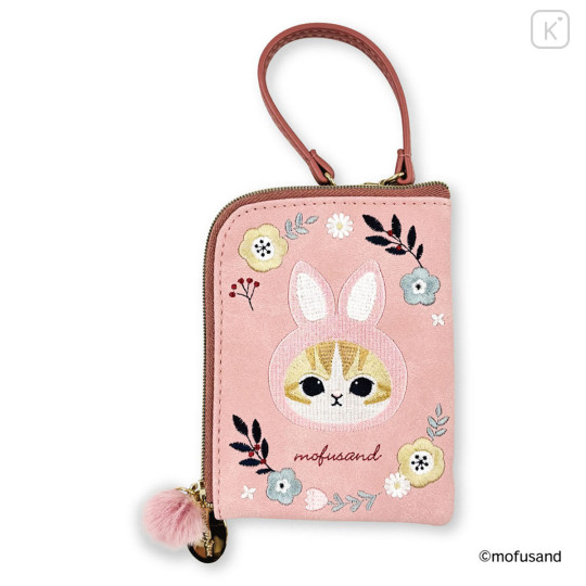Japan Mofusand Mini Pouch & Pass Case Card Holder with Reel - Mofusand Botanical Rabbit Cat - 1