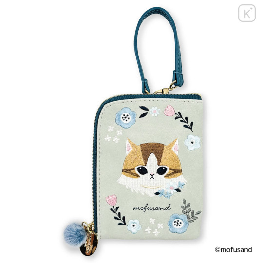 Japan Mofusand Mini Pouch & Pass Case Card Holder with Reel - Mofusand Botanical Long-haired Norwegian Forest Cat - 1