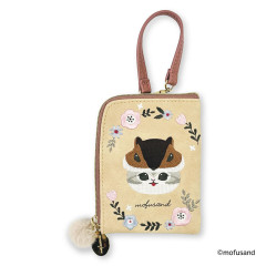 Japan Mofusand Mini Pouch & Pass Case Card Holder with Reel - Mofusand Botanical Squirrel Cat