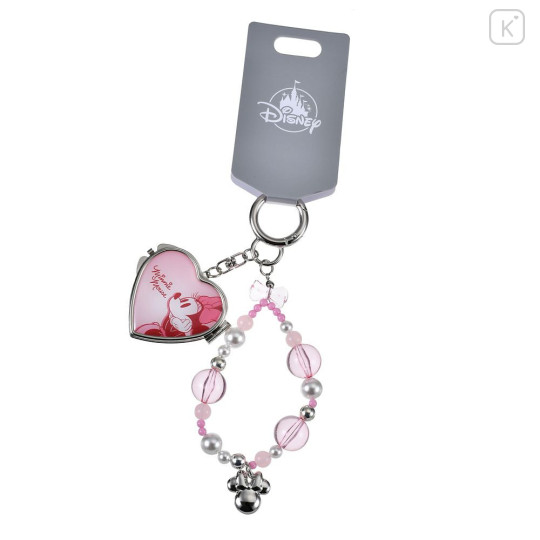 Japan Disney Store Heart-Shaped Mirror with Bead Keychain Strap Keychain - Minnie : Light Pink - 2