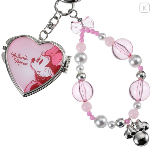 Japan Disney Store Heart-Shaped Mirror with Bead Keychain Strap Keychain - Minnie : Light Pink - 4