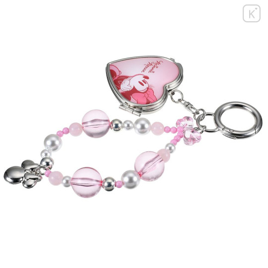 Japan Disney Store Heart-Shaped Mirror with Bead Keychain Strap Keychain - Minnie : Light Pink - 6