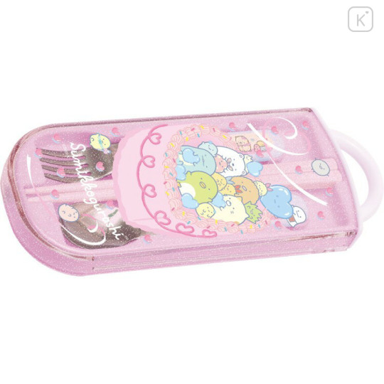 Japan San-X Bento Lunch Cutlery Set Spoon Fork Chopstick - Sumikko Gurashi : Dessert Party Heart Cake Light Pink - 1