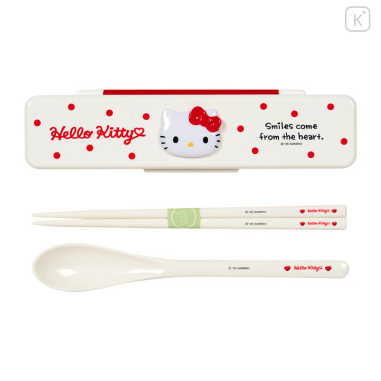 Japan Sanrio Original Chopsticks 18cm & Spoon with Case - Hello Kitty : Smiles Come From Heart - 1