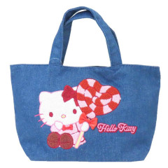 Japan Sanrio Denim Sagara Embroidery Lunch Bag - Hello Kitty