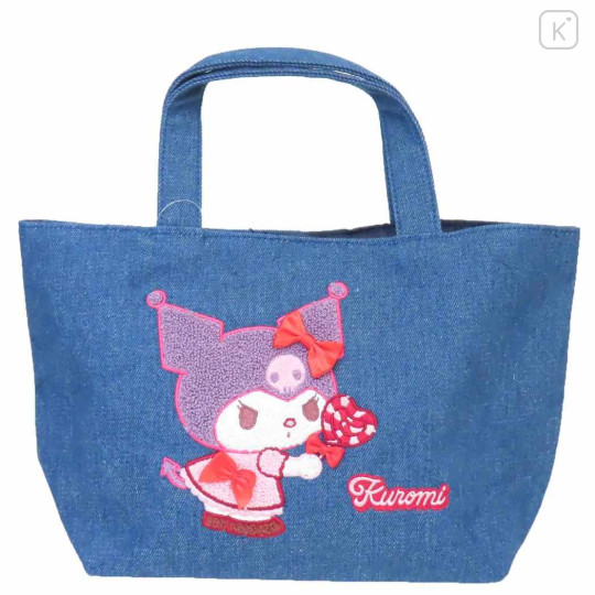 Japan Sanrio Denim Sagara Embroidery Lunch Bag - Kuromi - 1