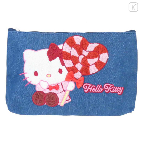 Japan Sanrio Denim Sagara Embroidery Cosmetic Pouch - Hello Kitty - 1