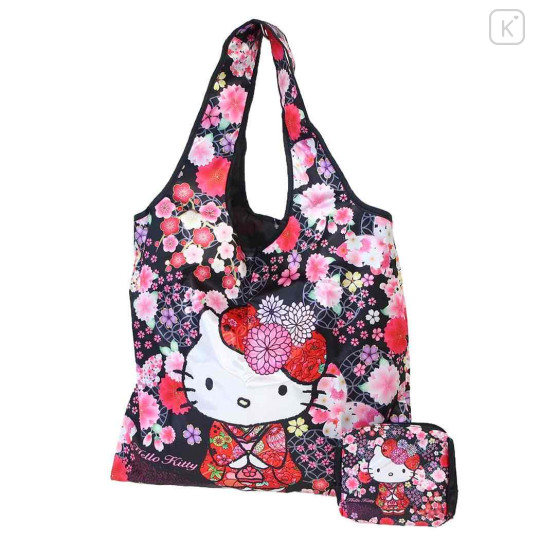Japan Sanrio Satin Eco Bag with Pouch - Hello Kitty : Japanese Pattern Blossom Butterfly - 1