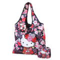 Japan Sanrio Satin Eco Bag with Pouch - Hello Kitty : Japanese Pattern Blossom Butterfly - 1