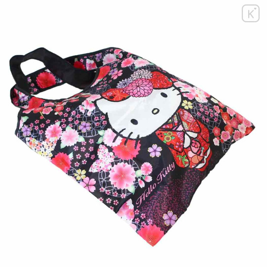 Japan Sanrio Satin Eco Bag with Pouch - Hello Kitty : Japanese Pattern Blossom Butterfly - 2