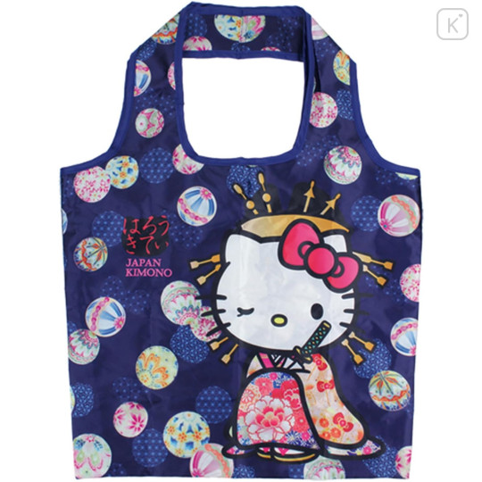 Japan Sanrio Satin Eco Bag with Pouch - Hello Kitty : Japanese Pattern Oiran - 1