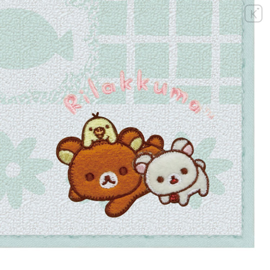 Japan San-X Embroidered Mini Towel Handkerchief - Kiiroitori & Korilakkuma & Rilakkuma : Chairoikoguma's Kumakyun Days Mint - 2