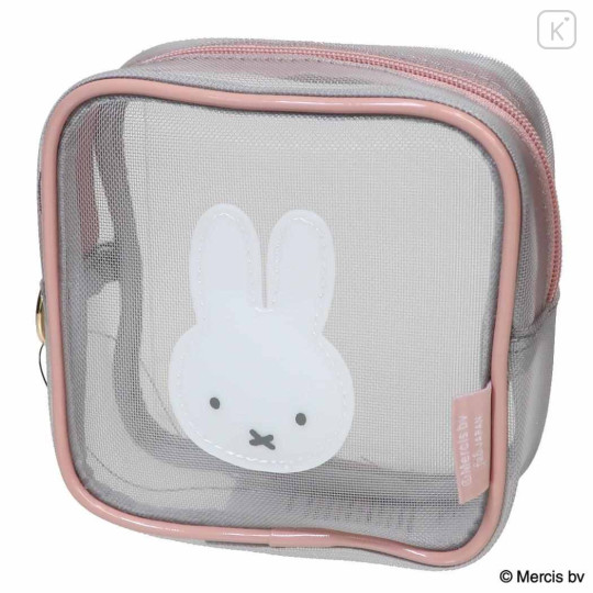 Japan Miffy Square Cosmetic Pouch - Miffy : Bruna Bicolor Mesh Grey Pink - 1