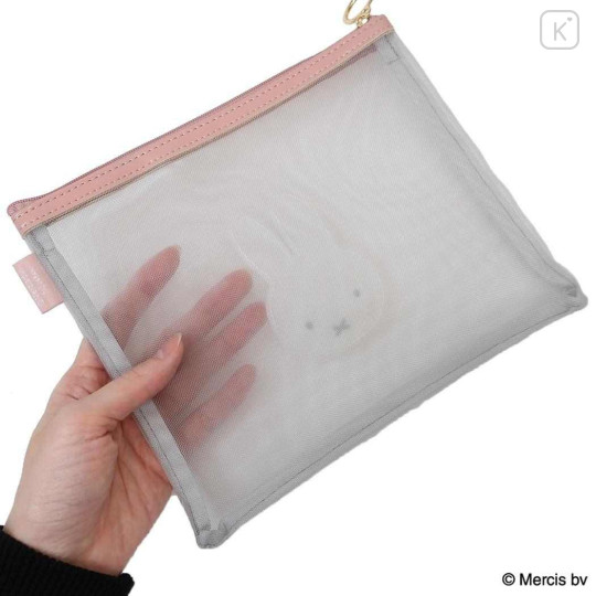 Japan Miffy A5 Flat Pouch - Miffy : Bruna Bicolor Mesh Grey Pink - 2