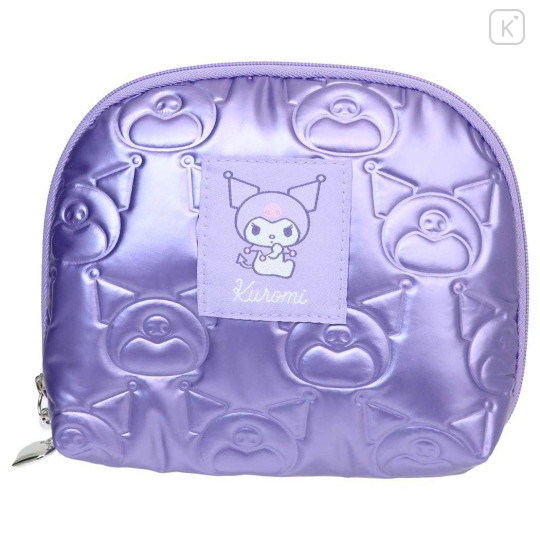 Japan Sanrio Round Cosmetic Pouch - Kuromi : Glossy Pearlescent Embossed - 1