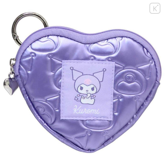 Japan Sanrio Mini Pouch with Carabiner - Kuromi : Glossy Pearlescent Embossed Heart - 1