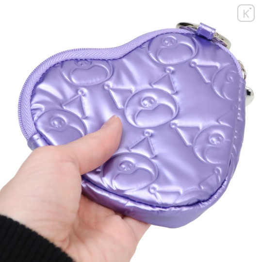 Japan Sanrio Mini Pouch with Carabiner - Kuromi : Glossy Pearlescent Embossed Heart - 2