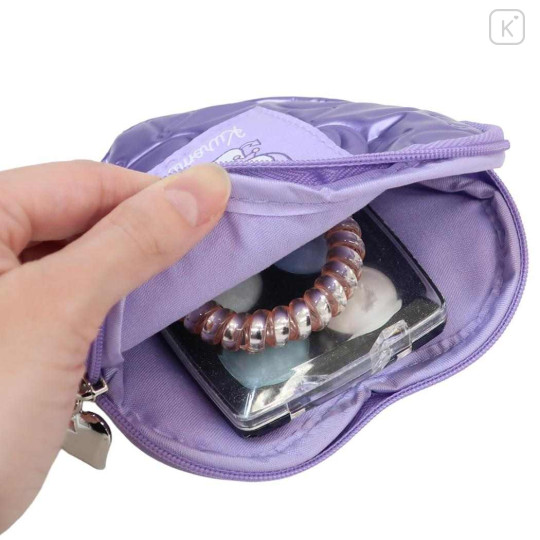 Japan Sanrio Mini Pouch with Carabiner - Kuromi : Glossy Pearlescent Embossed Heart - 3