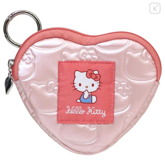 Japan Sanrio Mini Pouch with Carabiner - Hello Kitty : Glossy Pearlescent Embossed Heart - 1