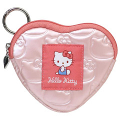 Japan Sanrio Mini Pouch with Carabiner - Hello Kitty : Glossy Pearlescent Embossed Heart