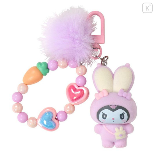 Japan Sanrio Original Bead Keychain Strap with Flocked Mascot - Kuromi : Puffy Ear Rabbit Club - 1