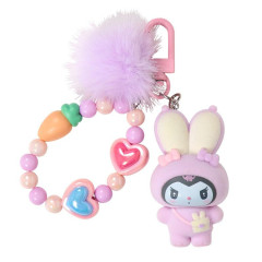 Japan Sanrio Original Bead Keychain Strap with Flocked Mascot - Kuromi : Puffy Ear Rabbit Club