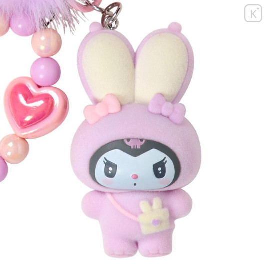 Japan Sanrio Original Bead Keychain Strap with Flocked Mascot - Kuromi : Puffy Ear Rabbit Club - 2