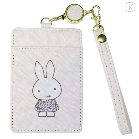 Japan Miffy Pass Case Card Holder & Reel - Miffy : Blue Flower Dress White - 1