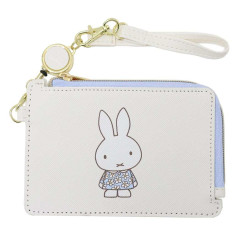 Japan Miffy Pass Case Card Holder & Coin Case & Reel - Miffy : Blue Flower Dress White