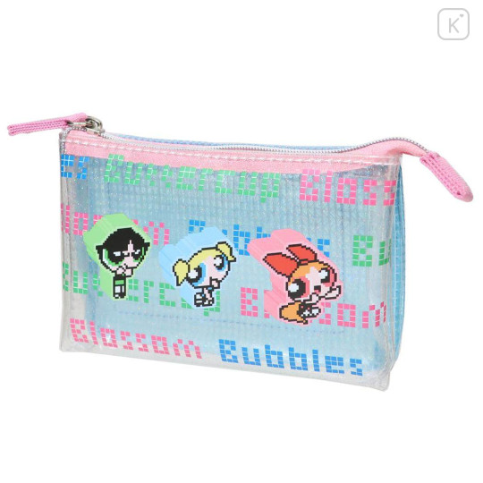 Japan The Powerpuff Girls Clear Cosmetic Pouch - Pixel Triple Compartment Blue Pink - 1