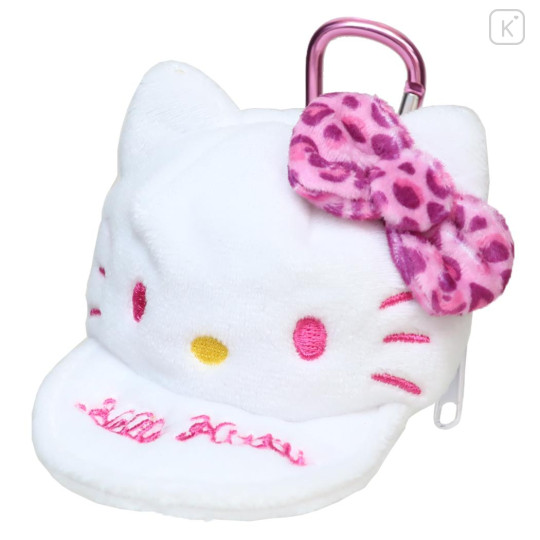 Japan Sanrio Mini Pouch with Carabiner - Hello Kitty : Cap Style Leopard Pink - 1