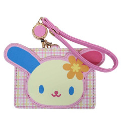 Japan Sanrio Pass Case Card Holder & Reel - Usahana : Face Gingham Pink