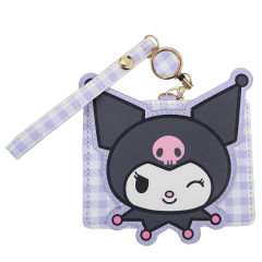 Japan Sanrio Pass Case Card Holder & Reel - Kuromi : Face Gingham Purple