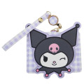 Japan Sanrio Pass Case Card Holder & Reel - Kuromi : Face Gingham Purple - 1