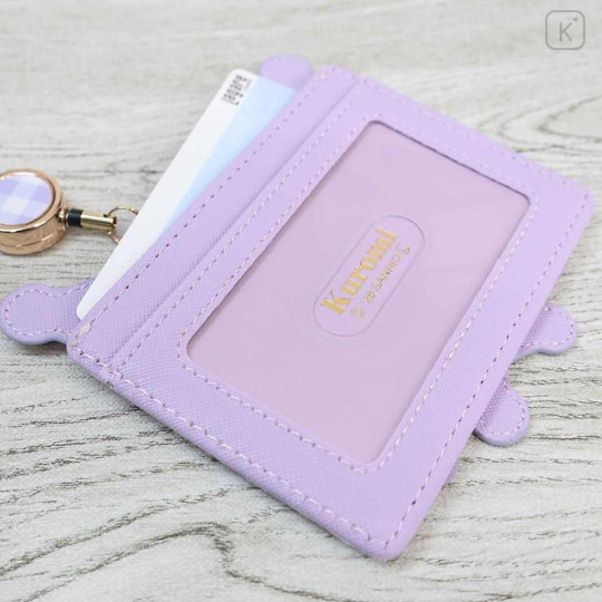 Japan Sanrio Pass Case Card Holder & Reel - Kuromi : Face Gingham Purple - 3
