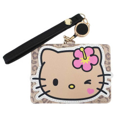 Japan Sanrio Pass Case Card Holder & Reel - Hello Kitty : Face Leopard Tan