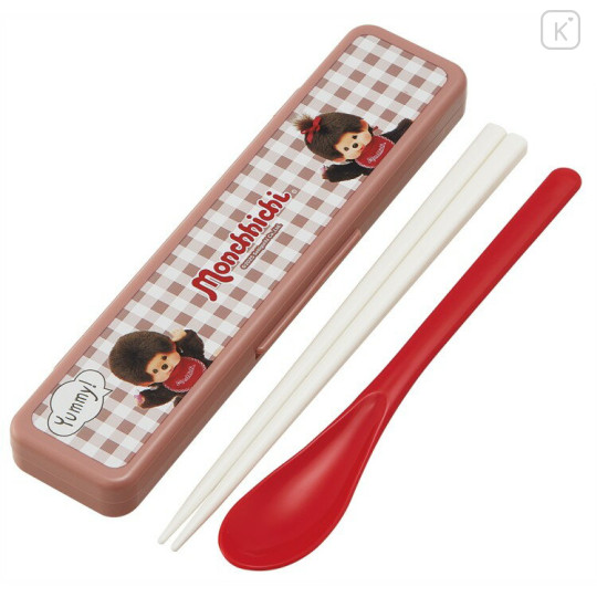Japan Monchhichi Chopsticks 18cm & Spoon with Case - Gingham Brown - 1