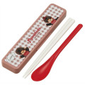 Japan Monchhichi Chopsticks 18cm & Spoon with Case - Gingham Brown - 1