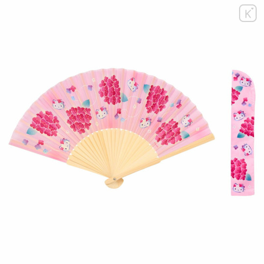 Japan Sanrio Original Bamboo Fan with Case - Hello Kitty : Scattered Flower Pink - 1