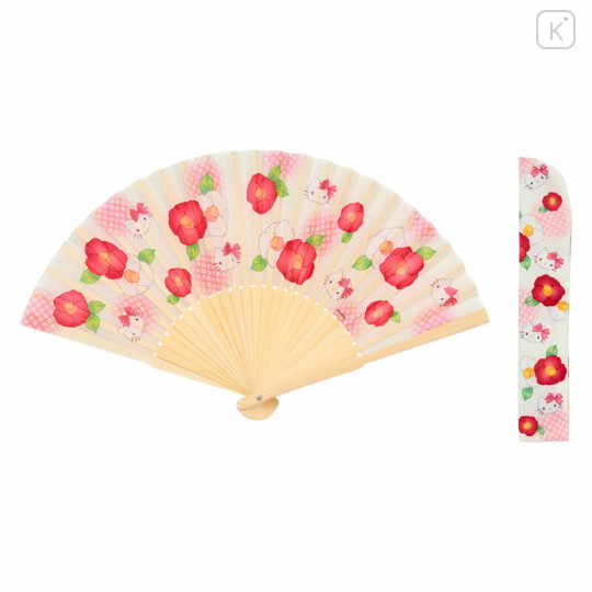 Japan Sanrio Original Bamboo Fan with Case - Hello Kitty : Scattered Flower Ivory - 1