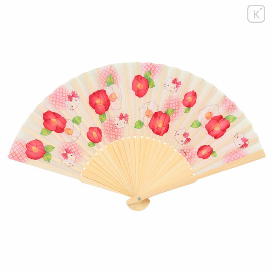 Japan Sanrio Original Bamboo Fan with Case - Hello Kitty : Scattered Flower Ivory - 2