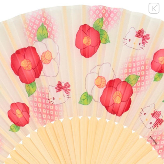 Japan Sanrio Original Bamboo Fan with Case - Hello Kitty : Scattered Flower Ivory - 5