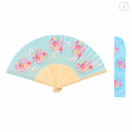 Japan Sanrio Original Bamboo Fan with Case - Cinnamoroll : Scattered Flower Blue - 1