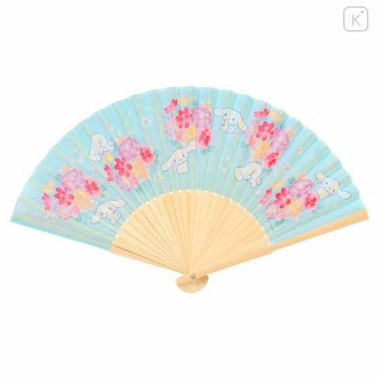 Japan Sanrio Original Bamboo Fan with Case - Cinnamoroll : Scattered Flower Blue - 2