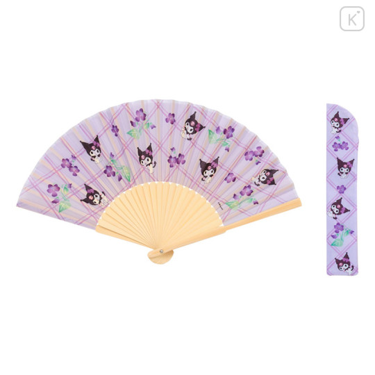 Japan Sanrio Original Bamboo Fan with Case - Kuromi : Scattered Flower Purple - 1