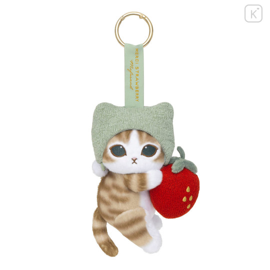 Japan Mofusand Plush Mascot with Carabiner Bag Charm - Mofusand Merci Strawberry Fruit Tabby Cat Green - 1