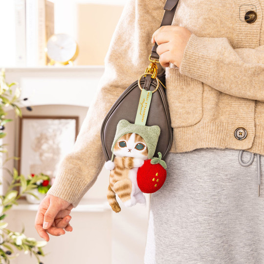 Japan Mofusand Plush Mascot with Carabiner Bag Charm - Mofusand Merci Strawberry Fruit Tabby Cat Green - 2
