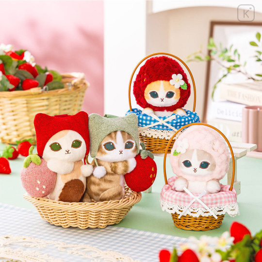 Japan Mofusand Plush Mascot with Carabiner Bag Charm - Mofusand Merci Strawberry Fruit Tabby Cat Green - 3