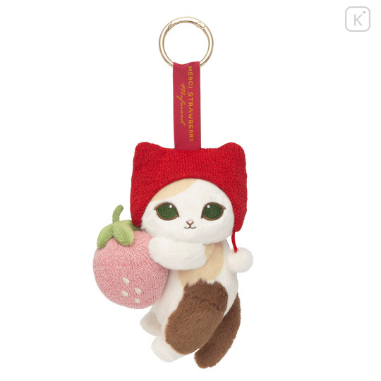 Japan Mofusand Plush Mascot with Carabiner Bag Charm - Mofusand Merci Strawberry Fruit Calico Cat Red - 5