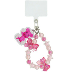 Japan PostPet Bead Keychain Strap with Mascot - Bear Ribbon Bead Pink